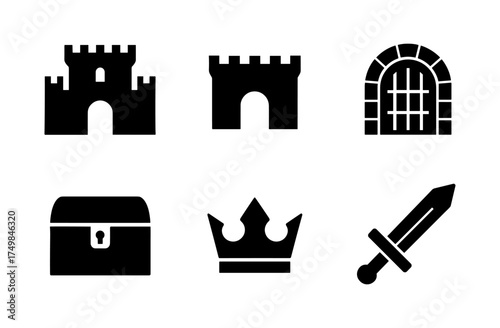 Medieval silhouette icons set featuring castle, crown, and sword