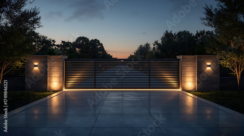 modern residential entrance gate with integrated lighting and landscaped driveway at dusk