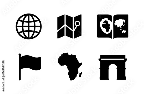 Global travel icons: map, globe, flag, continent, monument silhouettes