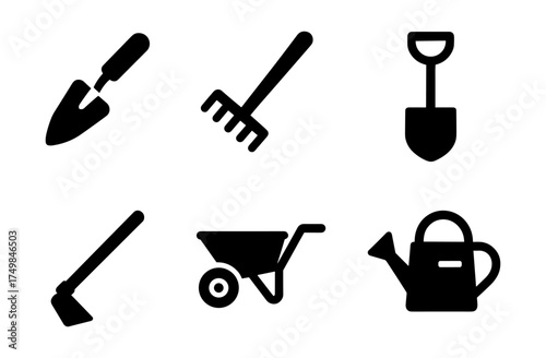 Silhouette gardening tool icons: rake, trowel, wheelbarrow, watering can, shovel, garden hoe
