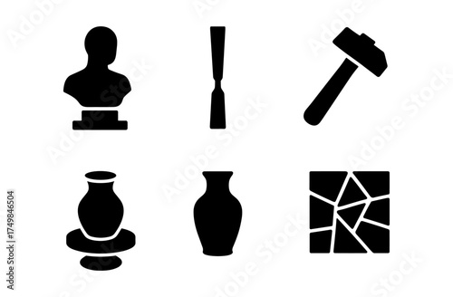 Silhouette icons of sculpture and pottery tools: chisel, hammer, vase, mosaic
