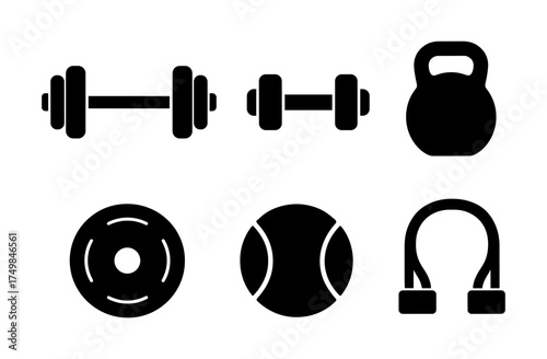 Silhouette icons of fitness equipment including weights and kettlebell