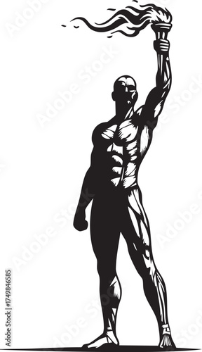 A stylized black and white illustration of a powerful athlete raising a burning torch in victory.