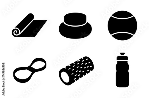 Fitness icons: silhouette illustrations of gym equipment and accessories