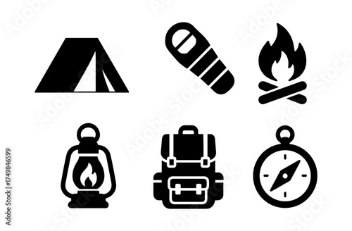 Camping icon set: tent, sleeping bag, campfire, backpack, lantern, compass