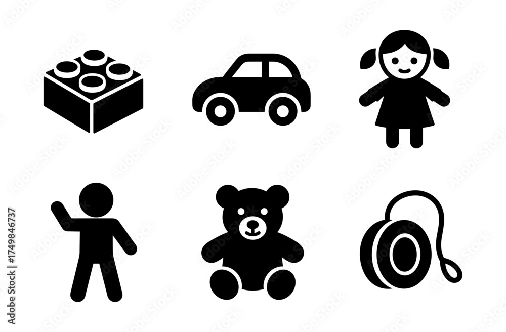 Naklejka premium Silhouette icons of classic toys and characters in black and white design
