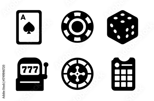 Classic casino icons: cards, chips, dice, and slot machine in bold silhouette style