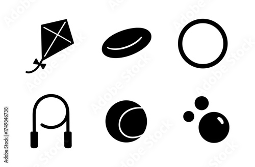 Minimalist silhouette icons: kite, frisbee, hoop, jump rope, disc, bubbles
