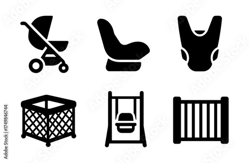 Essential baby gear icons: stroller, car seat, carrier, playpen, swing, safety gate
