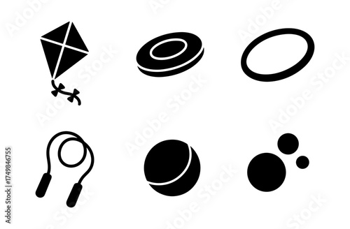 Set of black silhouette outdoor toys: kite, frisbee, jump rope, ball, and bubbles