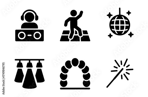 Icons of music, dance, and party elements in minimalist design