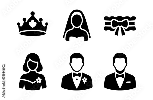 Wedding icon set: bride, groom, crown, and garter silhouettes in black
