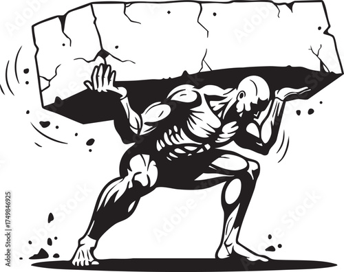 A muscular, bald man straining under the immense weight of a large, cracked stone block, depicted in a powerful, stylized illustration.