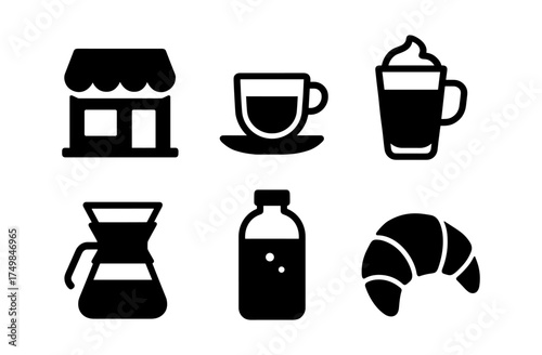 Cafe icons set: coffee, beverage, pastry symbols in bold silhouette