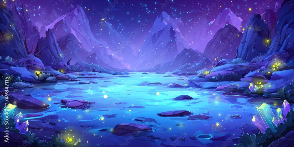 Fototapeta premium Enchanted Fantasy Landscape with Glowing Water and Mystical Mountains.