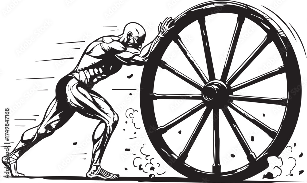 Fototapeta premium A muscular, stylized human figure with defined anatomy powerfully pushes a large, spoked wheel forward, creating motion lines and dust clouds, symbolizing effort and progress.
