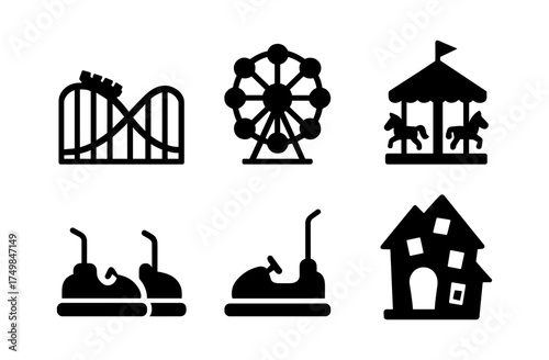 Amusement park icons set: roller coaster, ferris wheel, carousel, bumper cars, fun house