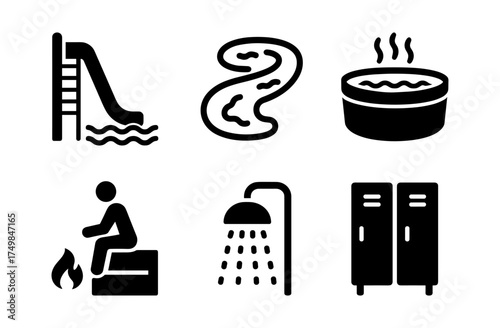 Recreation symbols: slide, path, hot tub, campfire, shower, lockers
