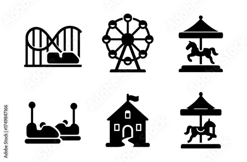 Amusement park icons set featuring ferris wheel, roller coaster, carousel, bumper cars, and fun house