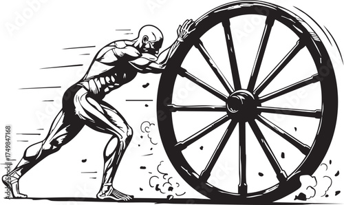 A muscular, stylized human figure with defined anatomy powerfully pushes a large, spoked wheel forward, creating motion lines and dust clouds, symbolizing effort and progress.