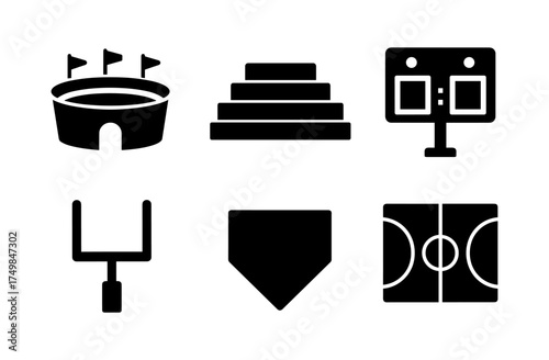 Bold silhouette icons of sports venues and equipment for athletic events