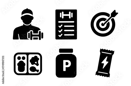 Fitness essentials icons: trainer, workout plan, target, meal, supplements, energy bar