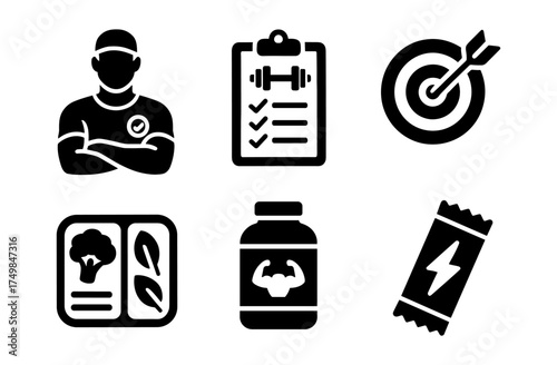 Fitness icons: personal trainer, workout plan, nutrition, and goals in bold silhouette design