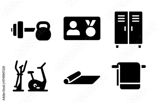 Silhouette icons of gym equipment including dumbbell kettlebell locker yoga mat