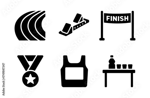 Marathon icons set: start line, finish, medal, and refreshments in black silhouette style