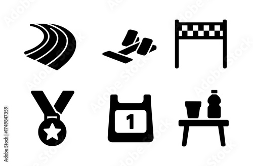 Sport icons: track, hurdles, medal, equipment in minimalist silhouette design