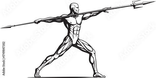 A muscular, stylized human figure in a dynamic pose, holding a long spear horizontally, ready to throw or defend.