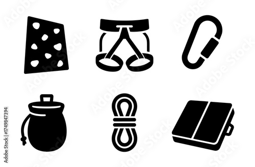 Essential climbing gear icons: harness, carabiner, and rope silhouettes for outdoor adventure