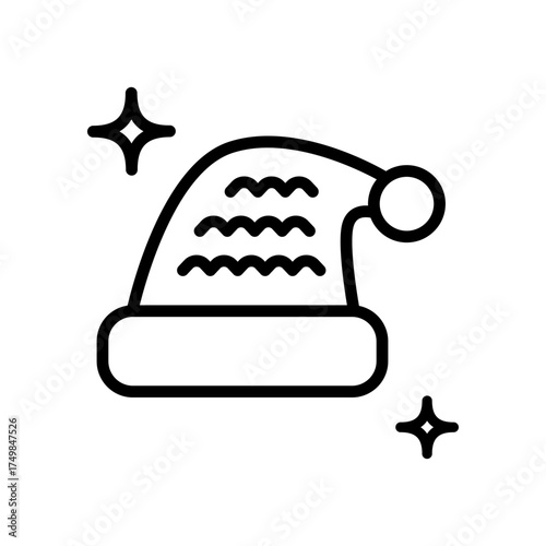Santa Claus hat shaped Christmas gingerbread cookie with sugar icing decoration. Traditional Christmas cookies. Vector outline icon isolated on white background.