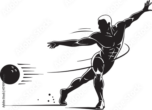 A muscular athlete in silhouette is captured mid-action, powerfully throwing a bowling ball with a determined expression and dynamic motion lines indicating speed.