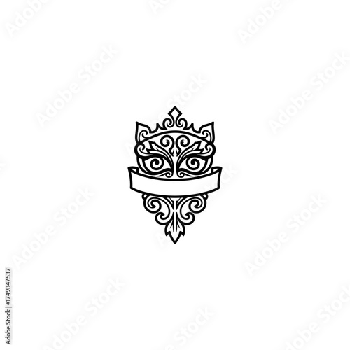 Elaborate black-line crest emblem with blank banner in the center on white background