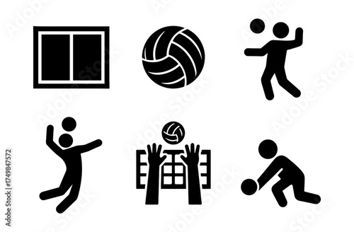 Silhouette icons of volleyball actions and equipment for sports graphics