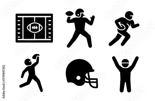 American football icons set in bold silhouette style for sports design