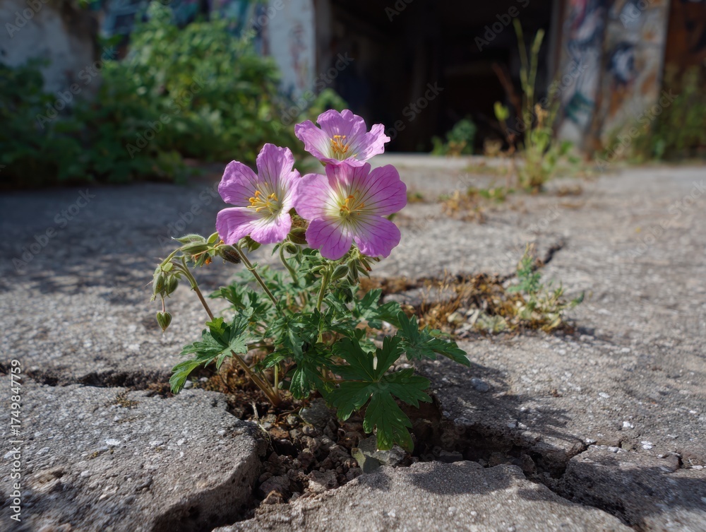 Naklejka premium Pink wildflowers growing through cracked concrete, symbol of resilience and life in an urban environment, sunlight highlighting delicate petals and green leaves. 