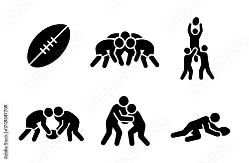 Silhouette icons of rugby actions and movements