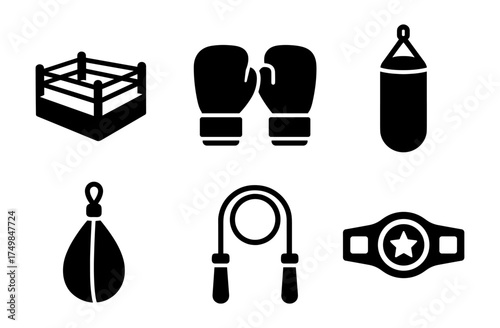 Boxing icon set: gloves and equipment in classic silhouette style