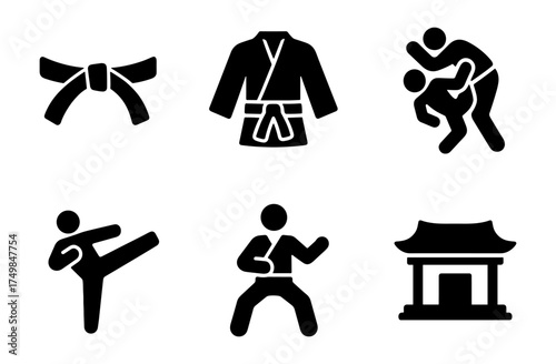 Martial arts icons: belt, gi, sparring, kicking, stance, dojo