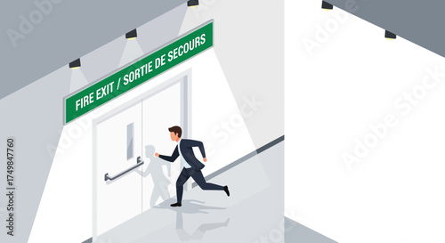 Businessman in a suit urgently running towards an illuminated emergency fire exit door, symbolizing escape and quick departure
