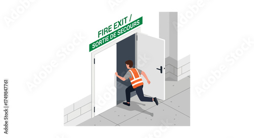Worker rushing through an emergency fire exit door with clear signage, emphasizing workplace safety and quick evacuation procedures during an urgent situation