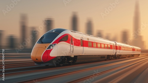 A sleek, modern high-speed train in motion with speed blur on the tracks, passing a city skyline at sunset, symbolizing fast progress and future transport