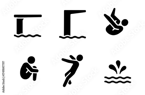 Diving icons set: silhouette designs for aquatic sports and swimming activities