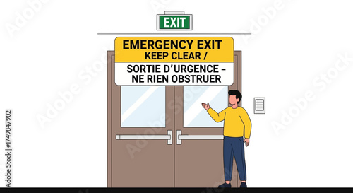 A flat vector illustration of an individual gesturing towards an emergency exit sign and double doors, highlighting the importance of keeping evacuation routes unobstructed for safety and compliance