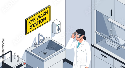 Prioritizing laboratory safety, a female scientist demonstrates essential protective measures and emergency preparedness near an eye wash station, ensuring secure research