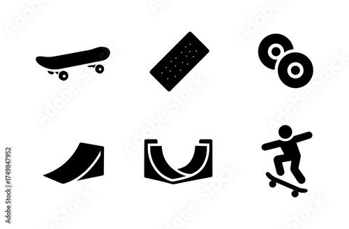 Minimalistic skateboarding icons set with ramps and tricks in black silhouette style