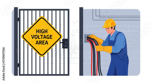 Vector illustration of a qualified technician handling high voltage wiring with a caution sign for a restricted area