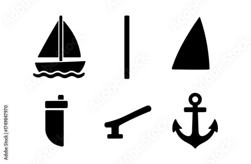 Nautical icons set with sailboat, anchor, and marine elements in silhouette style